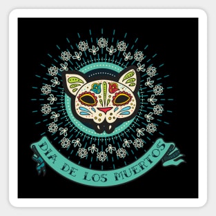 Day of the Dead Cat Skull with Flowers Magnet